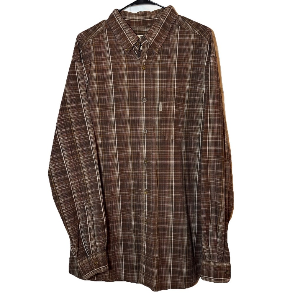 Woolrich Mens XLT Tall Dark Wood Plaid Button Down Shirt Brown 100% Cotton India